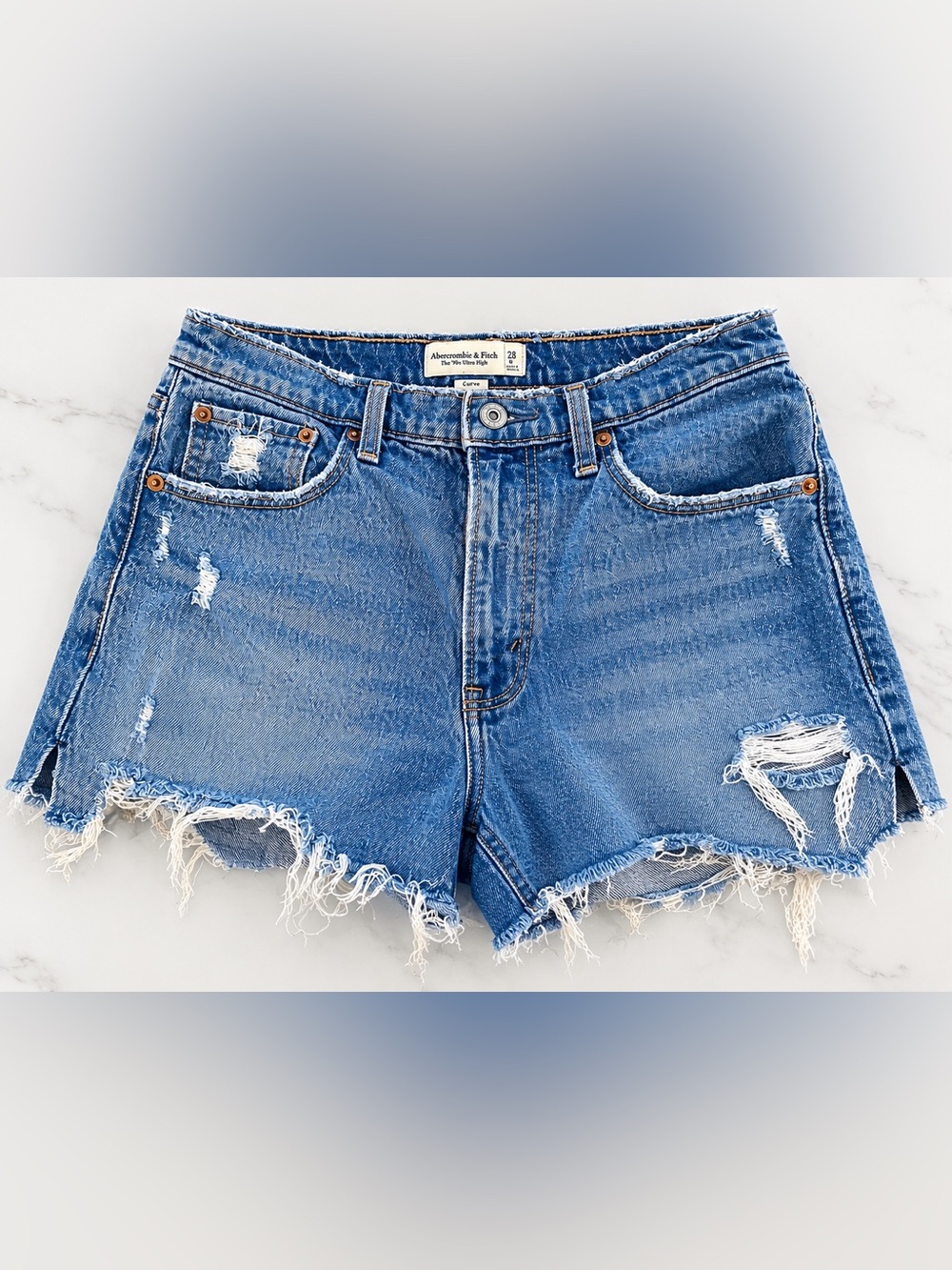Abercrombie & Fitch Frayed High-Rise Blue Denim Cutoff Shorts - Picture 1 of 1